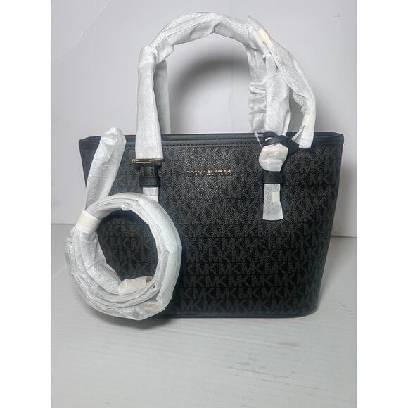Michael Kors Jet Set Travel Small Logo Top-Zip Tote – Black MK Signature – NWT - Picture 1 of 7